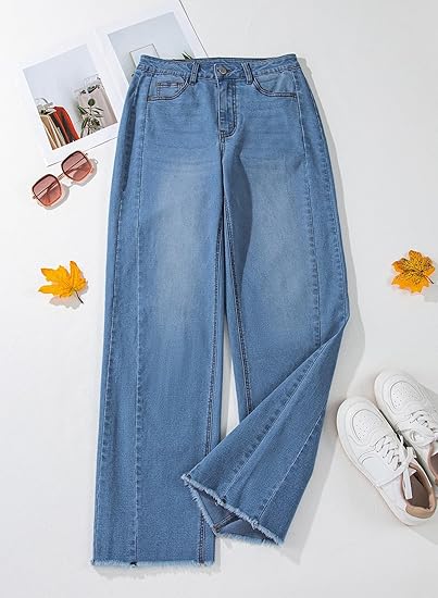 Women’s High-Waist Wide Leg Jeans – Stretchy Raw Hem Denim Pants