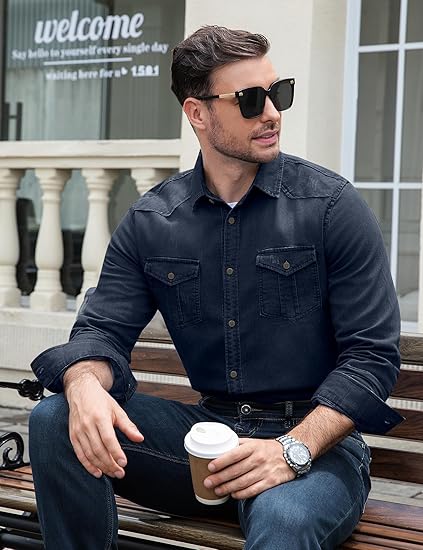 Men’s Slim Fit Long Sleeve Denim Shirt – Casual Button-Down