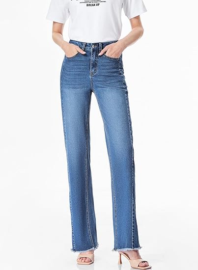 Women’s High-Waist Wide Leg Jeans – Stretchy Raw Hem Denim Pants