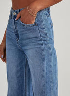 Women’s High-Waist Wide Leg Jeans – Stretchy Raw Hem Denim Pants