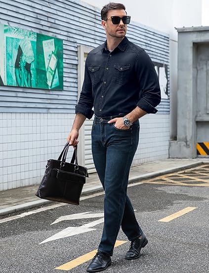Men’s Slim Fit Long Sleeve Denim Shirt – Casual Button-Down