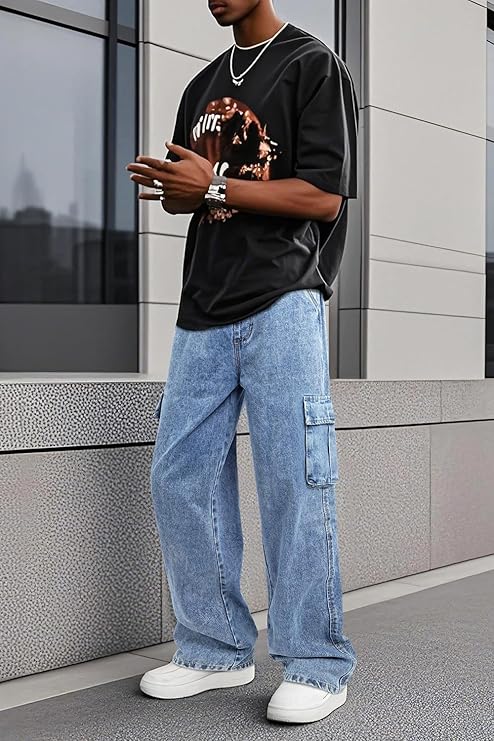 Men’s Baggy Denim Jeans – Elastic Waist Drawstring Streetwear Pants