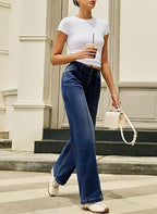Women’s High-Waist Wide Leg Jeans – Stretchy Seamed Front Denim Pants