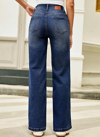 Women’s High-Waist Wide Leg Jeans – Stretchy Seamed Front Denim Pants