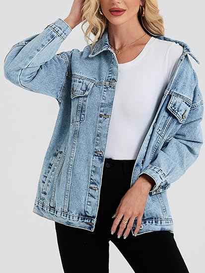 Women’s Oversized Denim Shacket – Boyfriend Fit Trucker Jacket