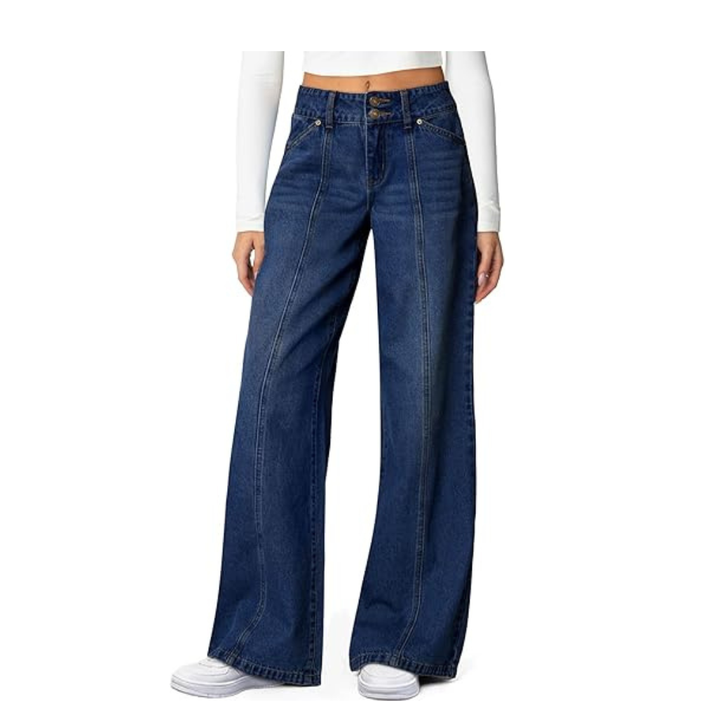 Women’s High-Waist Wide Leg Jeans – Stretchy Seamed Front Denim Pants